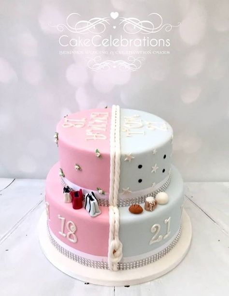 It was a pleasure to makethis joint Birthday cake for an 18th and a 21st Bithday celebration. Makeup and shopping for Emma and Football and rugby for Tom.   info@cakecelebrations.co.uk www.cakecelebrations.co.uk 21st Birthday Cake For Twins, Double Themed Birthday Cake, Celebration Makeup, Girly Birthday Cakes, Welcome To Wedding, Twin Birthday Cakes, 14th Birthday Cakes, Split Cake, Birthday Cake For Mom