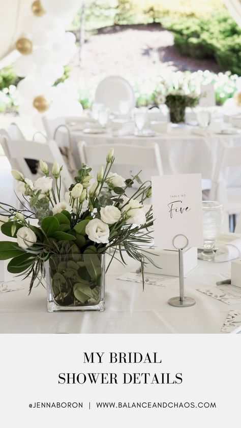 Sleek Bridal Shower Decor, Bridal Shower Floral Centerpieces Simple, Gold And Eucalyptus Bridal Shower Decor, Black White Green Bridal Shower Ideas, White Gold Bridal Shower Decor, Bridal Shower White Theme, Bridal Shower Centerpieces Flowers, Simple Bridal Shower Centerpieces, Greenery Bridal Shower Ideas