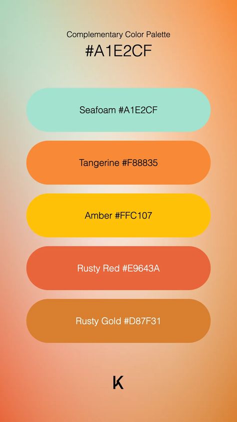 Complementary Color Palette Seafoam #A1E2CF · Tangerine #F88835 · Amber #FFC107 · Rusty Red #E9643A · Rusty Gold #D87F31 Complementary Color Palette, Ipad Ideas, Create Color Palette, Hex Color Palette, Hex Colors, The Calm, Colour Palettes, Complementary Colors, Seafoam Green