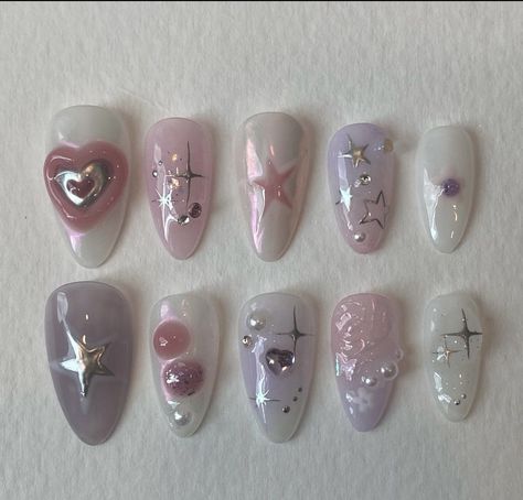 Press On Nails Y2k, Svt Nails, Idol Nails, Glitter Press On Nails, Nails Kawaii, French Almond, Nail Summer, Summer Toe Nails, Party Stickers