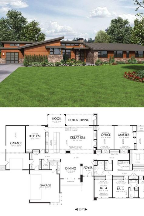 Single Level Modern House, One Story House Exterior Modern, One Level Floor Plans 4 Bedroom, Sprawling One Story House Plans, Modern Single Story Floor Plans, New Home Plans Modern, Mountain Modern Home Exterior Architectural Designs House Plans, Floor Plan Mid Century Modern, One Story Contemporary Homes