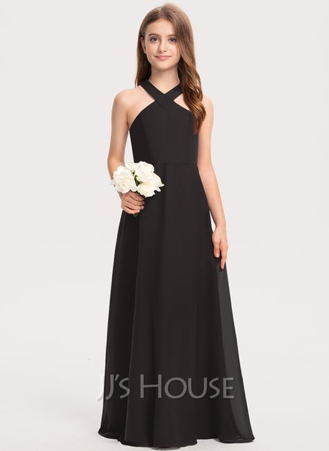 A-Line Halter Floor-Length Chiffon Junior Bridesmaid Dress (009208576) - JJ's House Black Junior Bridesmaid Dress, Cute Dance Dresses, Girls Halter Dress, Bridesmaid Dresses Satin, Halter Bridesmaid Dress, Girls Long Dresses, Junior Bridesmaid Dress, Cascading Ruffles, Indian Gowns Dresses