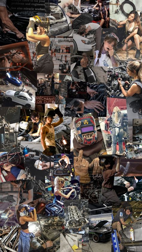 Mechanic Moodboard Mechanic Shop Aesthetic, Machinist Aesthetic, Mechanic Aesthetic Female, Car Mechanic Aesthetic, Mechanic Woman, Female Electrician, Mechanics Photography, Mechanical Aesthetic, Mechanic Aesthetic