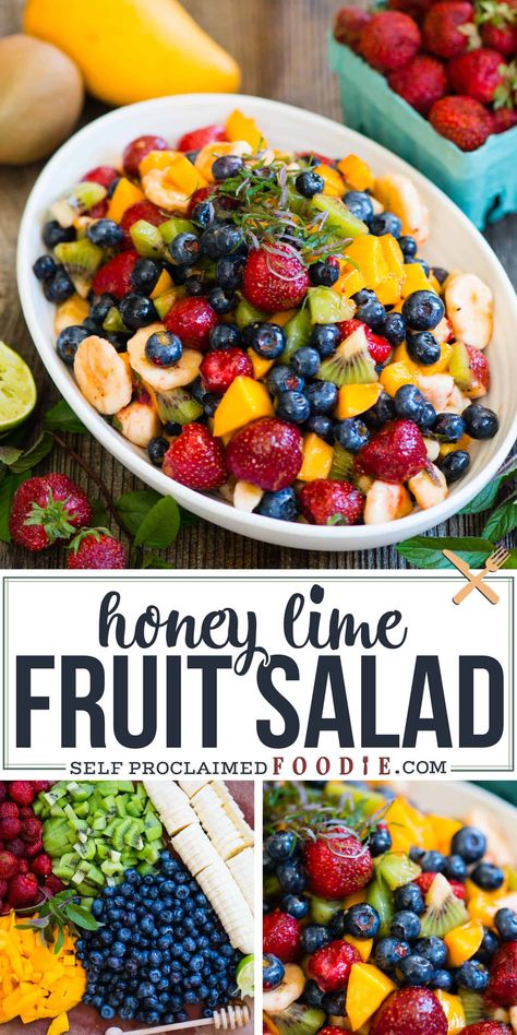 Honey Lime Fruit Salad is the easiest and most gorgeous fruit salad recipe you can make. The dressing adds just the right amount of tart and sweet. #fruitsalad #honey #lime #mint #dressing #easy #recipe Honey Lime Dressing Recipe, Honey Lime Fruit Salad, Lime Fruit Salad, Ambrosia Fruit Salad, Easy Fruit Salad Recipes, Lime Fruit, Honey Lime Dressing, Best Fruit Salad, Dressing For Fruit Salad