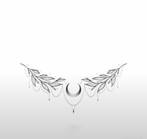 Greek Mythology Tattoos Sternum, Underbust Tattoo Ideas Moon, Chandelier Underboob Tattoo, Collarbone Tattoo Stencil, Celestial Collar Bone Tattoo, Sternum Leaf Tattoo, Celestial Underboob Tattoo, Fine Line Underboob Tattoo, Moon Sternum Tattoo Women