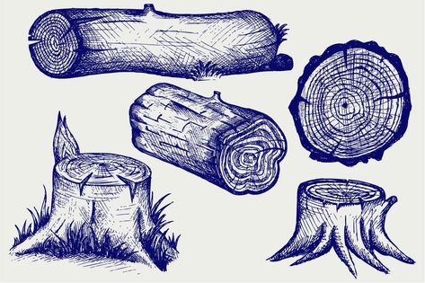 Timber and stump by LineworkStock on @creativemarket Logs Drawing, Fallen Tree Drawing, Tree Stump Drawing, Log Drawing, Nature Objects, Wood Tattoo, Pencil Tree, Wood Stumps, Tree Drawings Pencil