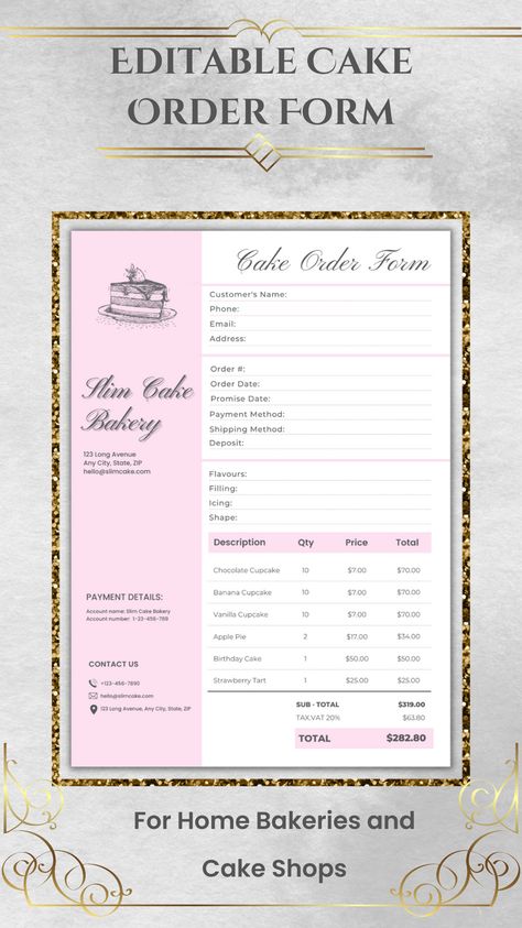 Cute Pink Editable Printable Cookie Order Form Perfect for catering businesses, cake shops, restaurant cafe and fast food owners and more. Bakery Menu Template, Cake Order Form Template, Cookie Order Form, Bakery Order Form, Cake Order Form, Cake Business Cards, Bakery Business Plan, Cupcake Business, Cake Order Forms