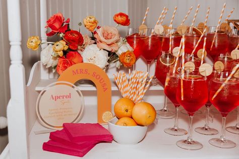 Aperol Spritz Bachelorette Party Theme, Aperol Spritz Station, Italian Summer Bachelorette Party, Thats Amore Bridal Shower Ideas, Aperol Spritz Bridal Shower Theme Decor, Aperol Spritz Party, Love At First Spritz, Aperol Spritz Bar, Love At First Spritz Bridal Shower Theme