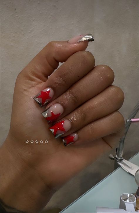 Red Or Blue Nails, Delta Sigma Theta Nail Designs, Red Nail Sets Short, Short Red French Tip Acrylic Nails, Graphic Short Nails, Red Short Acrylic Nails Designs, Red French Tip With Design, Red Square Nails Short, Christmas Red French Tip Nails