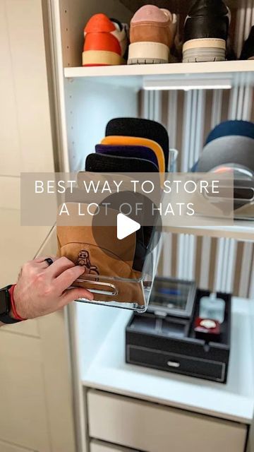 Lela Burris on Instagram: "I’ve tried every hat organizer on the market and the very best one isn’t for hats at all. These refrigerator bins are perfect!  💬 Comment “LINK” if you need these bins and I’ll send you the link to the exact size I have.  #closetorganization #menscloset #organization #organizinghacks #organizingideas #amazonhome" Hat Closet Organization, Closet Hat Organization, Beanie Organization Ideas, Hat Organizer, Master Closet Design, Hat Organization, Amazon Home, Master Closet, Closet Design