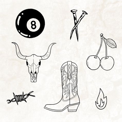 8 ball, nails, cow skull, cherries, barbwire, cowboy boot & flame small flash tattoo designs, ig: sianytattoos Aztec Flash Tattoo, Skull Cow Tattoo, Small Barbwire Tattoo, Finger Tattoo Designs Ideas, Classy Western Tattoos, Fine Line Cow Skull Tattoo, Cowboy Minimalist Tattoo, Cowboy Flash Art, Bill Skull Tattoo