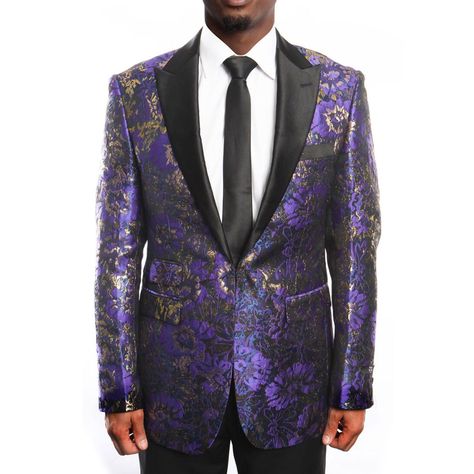 Purple And Gold Suit, Prom Tuxedo Ideas, Gold Tuxedo Jacket, Purple Prom Suit, Royal Suit, Mens Dinner Jacket, Tux Prom, Floral Tuxedo, Suits For Guys