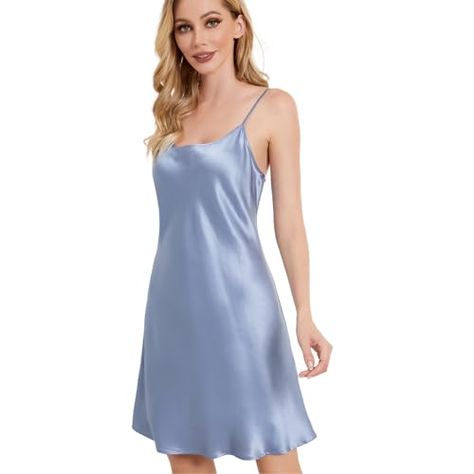 THXSILK Women's Sexy Silk Nightgown, 100% Mulberry Silk Sleepwear Round/V Neck Spaghetti Strap Chemise Short Slip Dress Soft Blue Dress, Round V Neck, Silk Nightdress, Short Slip Dress, Night Slip, Silk Pajamas Women, Silk Chemise, Mulberry Silk Fabric, Silk Nightgown