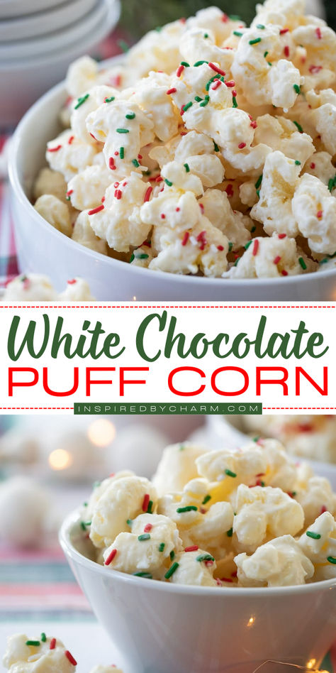 You only need three ingredients (and some sprinkles) to whip up this salty meets sweet White Chocolate Puff Corn. It’s a delicious and easy-to-make snack that’s perfect for Christmas entertaining and holiday gifting. White Chocolate Cheeto Puffs, Butter Puff Corn White Chocolate, Puff Corn White Chocolate Almond Bark, Almond Bark Puff Corn Recipe, White Chocolate Puff Corn, Cheese Puffs With White Chocolate, Chester’s Puff Corn, Corn Puffs White Chocolate, White Chocolate Puffcorn