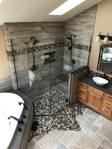 Shower Ideas Bathroom Master Baths, Bathroom Shower Design, House Interior Decor Ideas, Rustic Bathroom Designs, Shower Floor Tile, Bathroom Remodel Pictures, Bathroom Farmhouse Style, Bathroom Redesign, House Interior Design