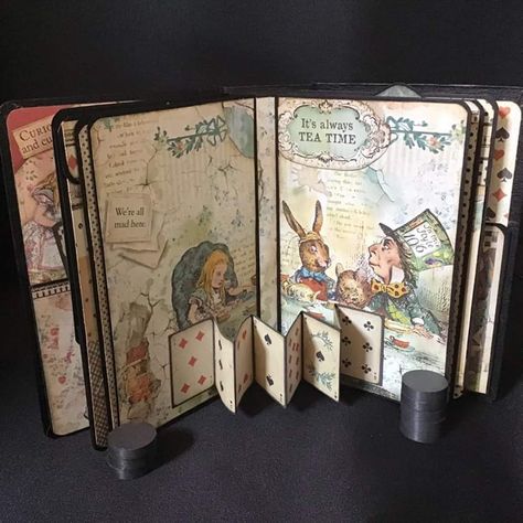 Alice In Wonderland Altered Book, Pop Out Journal Page, Pop Up Journal Page, Pop Up Pages Diy, Alice In Wonderland Sketchbook, Pop Up Sketchbook Page, Sketchbook Pop Up, Disney Junk Journal Ideas, Alice In Wonderland Junk Journal Ideas