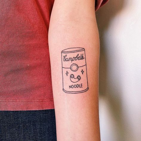 b i l l i e • s t • c l a i r on Instagram: “Text isn’t something I do often but stoked how this rendition of @campbells noodle soup turned out 🍝 thanks Mary!” Soup Can Tattoo, Soup Tattoo, Can Tattoo, Instagram Text, Ballet Stuff, Human Society, Minimalist Tattoos, S Aesthetic, Tattoo S