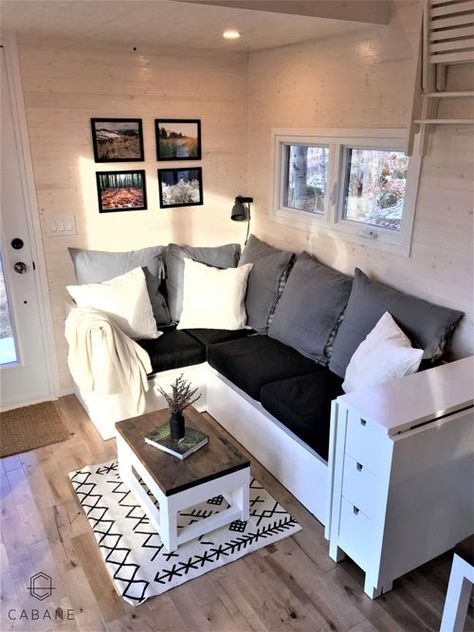 Living Room - Cabane Tiny Cabin Tiny Living Room Apartment, Tiny House Living Room, Tiny House Towns, Tiny House Furniture, Tiny House Storage, Rustic Farmhouse Living Room, Tiny House Interior Design, Small Apartment Living Room, Tiny Cabin