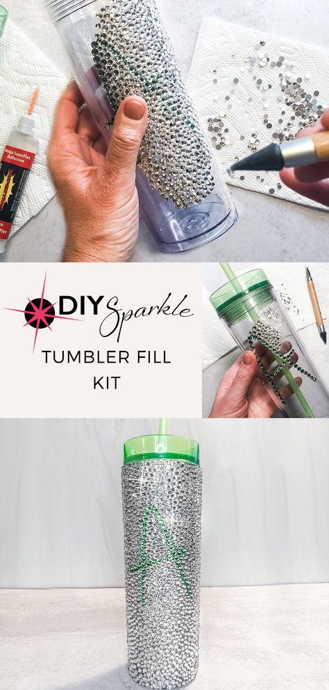 How To Rhinestone A Tumbler, Diy Rhinestone Tumbler, Rhinestone Cups Diy, Rhinestone Tumbler Cups Diy, Sparkly Crafts, Swarovski Crystals Diy, Crystal Tumbler, Tumbler Inspiration, Sensory Items