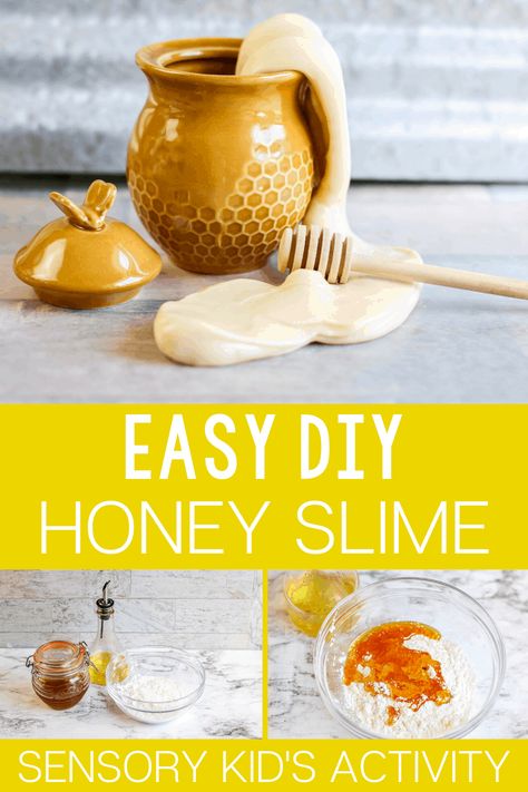 Make your own honey slime with this recipe using natural ingredients! Honey Slime | Natural SLime Recipe | Honey Sensory Activity | Sensory Slime Recipe | DIY Slime Recipe | Life Over C's #honeyslime #slimerecipe #slime #naturalslime #honey #sensory #sensoryactivity #lifeovercs Bees Sensory Activities, Bumble Bee Eyfs Activities, Outdoor Bee Activities For Preschool, Honey Comb Craft Preschool, Honey Activity For Preschool, Bee Day Activities For Toddlers, Honey Sensory Bin, How To Save The Bees, Honey Bee Dramatic Play