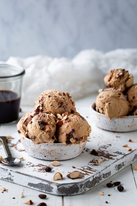 Mocha Almond Fudge Swirl Ice Cream | Salt and Serenity Almond Fudge Recipe, Almond Fudge Ice Cream, Fudge Swirl Ice Cream, Homemade Ice Cream Recipes Machine, Coffee Fudge, Movie Dinner, Ice Cream Salt, Homemade Mocha, Almond Fudge