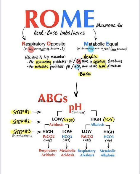 ROME #nursingstudent #nursesrock #memorize - Image Credits: Aarya Electrolytes Mnemonics, Sensory System Nursing, Abg Nursing Cheat Sheets, Abgs Nursing Cheat Sheets, Hesi Exam Study Guides, Electrolytes Nursing Cheat Sheets, Abg Nursing, Dka Nursing, Simple Nursing Study Guides