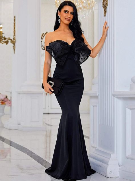 Missord Contrast Dobby Mesh Bow Front Formal Dress | SHEIN USA Black Maid Of Honor Dress, Formal Gowns Evening Dresses, Mail Color, Mermaid Formal Gowns, Dinner Gown, Strapless Evening Gowns, Strapless Evening Dress, Maid Of Honour Dresses, Evening Dresses With Sleeves