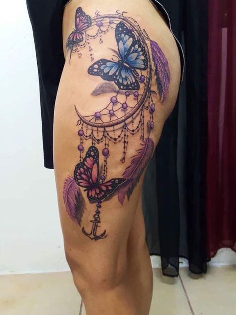 Tattoo Ideas Dream Catcher Unique, Dream Catcher Tattoo With Flowers, Dream Catcher Thigh Tattoo Women, Hip Tattoo Men, Dreamcatcher Tattoo Thigh, Womens Tattoos, Karina Garcia, Phoenix Tattoo Feminine, Tats Ideas