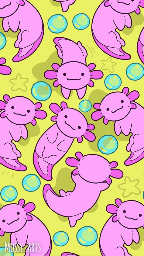 Axolotl Wallpaper Aesthetic, Axolotl Wallpaper, Axolotl Pattern, Pink Axolotl, Axolotl Cute, Blue Bubbles, Mushroom Wallpaper, Cute Axolotl, Aquatic Creatures