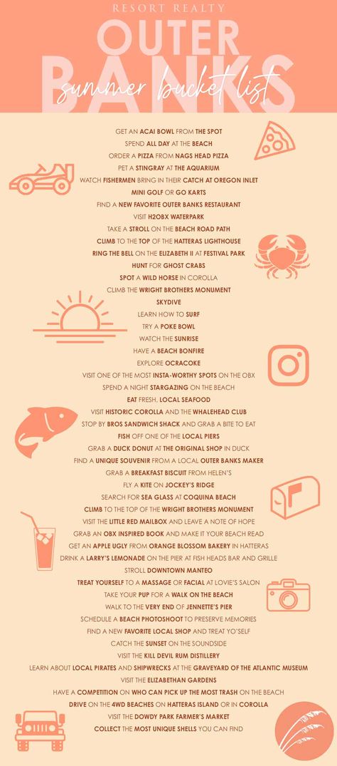 Outer Banks Lifestyle Aesthetic, Best Bucket List Ideas, Obx Bucket List, Obx Things To Do, Summer Outer Banks Vibes, Beach Vacation Bucket List, Outer Banks Username Ideas, How To Have An Outer Banks Summer, Outer Banks Party Food Ideas