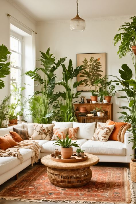 room. Modern Boho Plant Decor, Plant Wall Living Room, Living Room Plant Wall, Plant Living Room Decor, Boho Small Living Room, Minimalist Bohemian Living Room, Neutral Boho Living Room, White Couch Living Room, Boho Decor Living Room