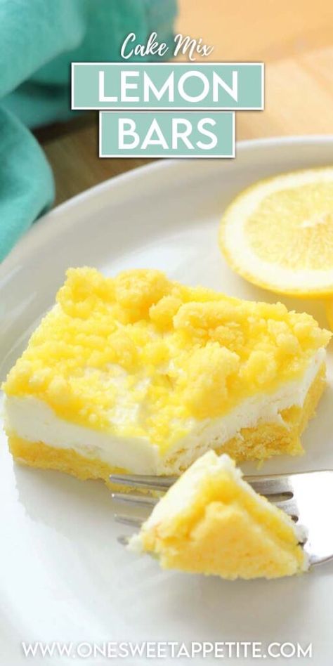 These Lemon Bars with cake mix are perfect for when you're craving a zesty treat without the hassle! These easy bars combine the bright flavor of lemon with the ease of a cake mix, making them the perfect quick and delicious dessert! They're like lemon bars with a shortcut! Cream Cheese Squares Yellow Cake Mixes, Cookie Bars With Cake Mix Easy Recipes, Lemon Bars Cake Mix Recipe, Lemon Bars With Cake Mix Boxes, Cake Mix Lemon Bars, Lemon Cream Cheese Bars Recipe, Lemon Cream Cheese Filling, Lemon Desserts Bars, Lemon Cake Bars