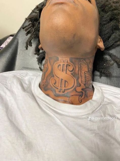 Hood Neck Tattoos. Chase A Bag Tattoo, Breadwinner Tattoo, Full Neck Tattoo For Guys Hood, Hood Hand Tattoos For Men, Neck Tattoos Black Man, Middle Of Neck Tattoo, Money Neck Tattoos, Hood Neck Tattoos, Neck And Throat Tattoos Men Hood