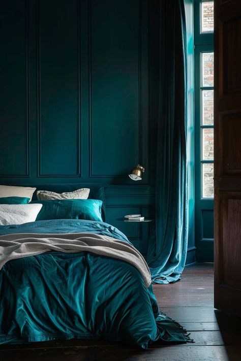 #bedroominterior #fyp #foryou #reels #viral #viralreels #interior #interiordesign Bedroom Interior Modern, Green Bedroom Colors, Blue Green Bedrooms, Peacock Blue Bedroom, Dark Bedrooms, Bedroom Luxurious, Moody Bedroom Ideas, Moody Style, 2024 Bedroom