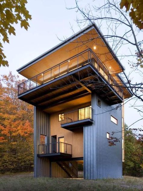 Contemporary Lake House, Modern Cabin Design, Sustainable House Design, Glen Lake, Tower House, Casa Container, Modern Cabin, Cabin Design, Sustainable Home