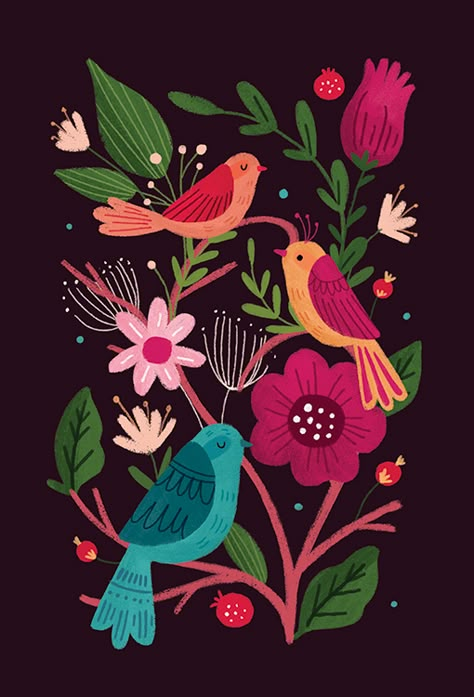 Folk Art On Black Background, Art With Black Background, Bright Color Art, 자작나무 그림, Black Background Art, Birds Colorful, Black Background Painting, Background Inspiration, Folk Art Flowers