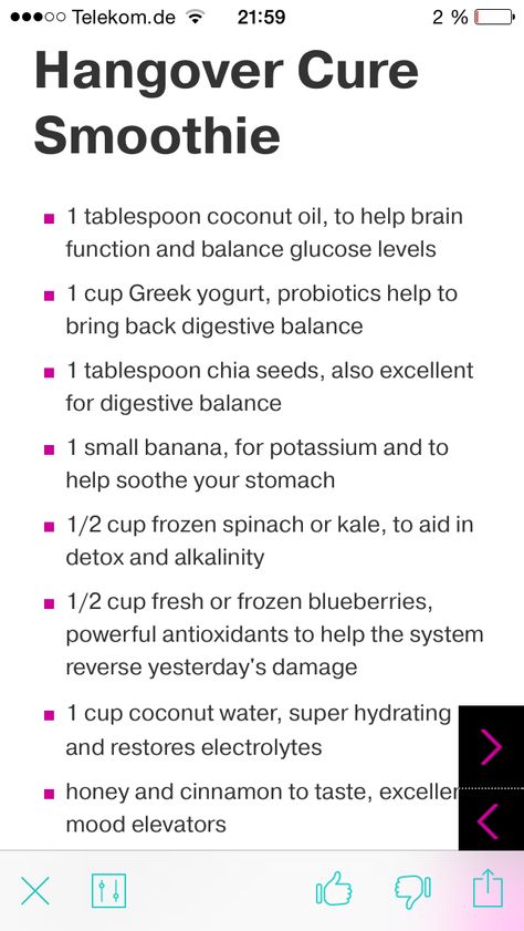 Hang-over Smoothie Hangover Smoothie Recipe, Smoothie For Hangover, Hangover Smoothie, Food Knowledge, Kitchen Witch Recipes, Doterra Oil, Power Bars, Drink Responsibly, Breakfast Healthy