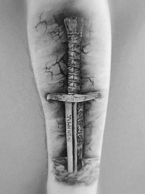 King Arthur Tattoo Ideas, Mens Viking Tattoos, Viking Swords Tattoo, King Arthur Tattoo, Swords Tattoos, Excalibur Tattoo, Arm Tattoos For Guys Forearm, Viking Warrior Tattoos, Viking Tattoo Sleeve