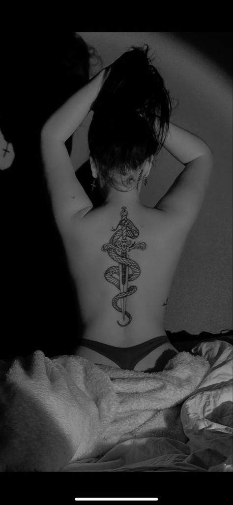 Black And Red Spine Tattoo Women, Spine Tattoos For Women Ying Yang, Snake Up Spine Tattoo, Feminine Tattooed Women, Back Tattoo Women Spine Knife, Horror Spine Tattoos, Spine Tattoos Baddie, Warrior Spine Tattoos For Women, Women Big Tattoos