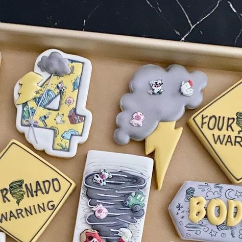 Fournado Cookies, Twonado Birthday Cookies, Weather Cookies Decorated, Twonado Cookies, Tornado Balloons, Three Nado Birthday, Tornado Cookies Decorated, Storm Chaser Birthday Party, Tornado Themed Party