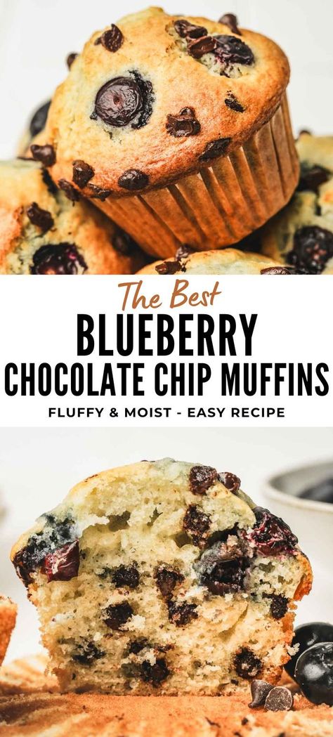 This easy recipe will have you enjoying bakery-style blueberry chocolate chip muffins in no time. These soft, fluffy, and moist muffins are bursting with whole juicy blueberries, making them the perfect breakfast or snack option. Indulge in the delightful combination of blueberries and chocolate chips, just like the ones you find at your favorite bakery. Chocolate Blueberry Muffins, Blueberry Chocolate Chip Muffins, Blueberry Crumble Muffins, Chocolate Chip Muffins Easy, Dessert Muffins, Triple Chocolate Muffins, Choc Chip Muffins, Simple Dessert Recipes, Banana Blueberry Muffins