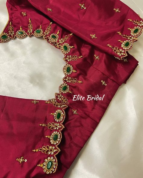 Customised Beautiful Elegant Aari Work By Elite Bridal ❤️‍🔥 Stone Work Maggam Blouses, Pastel Green Blouse Designs, Simple And Elegant Aari Work Blouse, Kundan Blouse Designs, Simple Work For Blouse, Magam Work Blouses Latest Bridal, Simple Arya Work Blouse Designs, Bottle Green Blouse Designs, Pattu Saree Blouse Designs Simple Latest