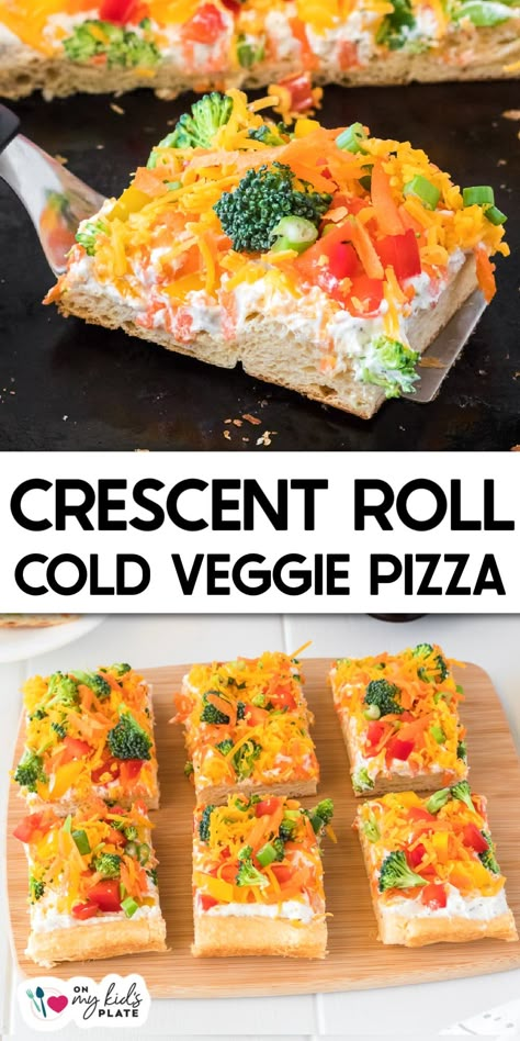 Cold veggie pizza has a delicious creamy ranch flavor. This appetizer from crescent rolls adds a colorful pop for spring or summer parties. Dill Pizza, Veggie Pizza Crescent, Pizza With Crescent Rolls, Veggie Pizza Appetizer, Crescent Roll Veggie Pizza, Cold Veggie Pizza, Vegetable Pizza Recipes, Veggie Pizza Recipe, Crescent Roll Pizza