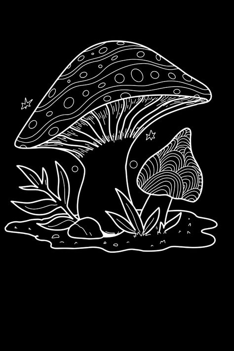 Bleach Mushroom, Mushroom Sgraffito, Mushroom Line Drawing, Mushroom Line Art, Bleach Printing, Nature Line Art, Mushroom Theme, Mushroom Painting, Nature Line