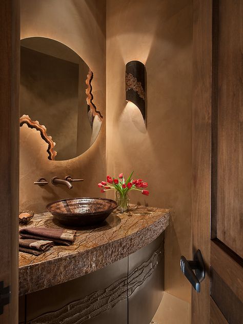 Southwest Bathroom, Modern Powder Room Design, Southwestern Bathroom, Rustic Powder Room, Powder Room Design Ideas, Contemporary Powder Room, Modern Powder Rooms, Modern Powder Room, Southwestern Home