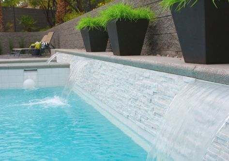 Creek Backyard, Pool Landscapes, Waterline Pool Tile, Pool Makeover, Backyard Pool Ideas, Pool Inspiration, Walls Ideas, Water Feature Wall, Pool Finishes