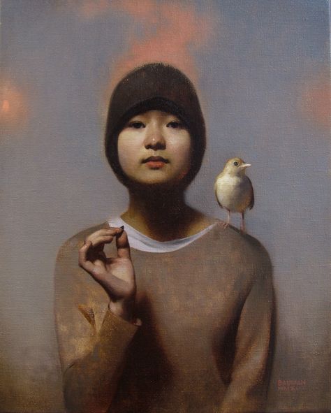 Nick Alm Girl-with-Birdseed-and-a-nightingale-2013 Stephen Bauman, Florence Academy Of Art, Contemporary Portrait, Art Plastique, Figure Painting, Figurative Art, Bird Art, Portrait Art, Painting Inspiration