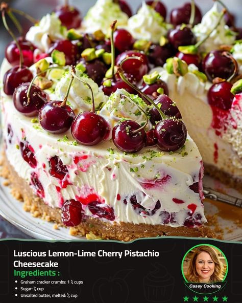 Luscious Lemon Lime Cherry Pistachio Cheesecake, Italian Cheesecake, Cherry Pistachio, Delish Cakes, Pistachio Cheesecake, Yummy Cheesecake, Gourmet Cakes, Cherry Cheesecake, Daily Recipes