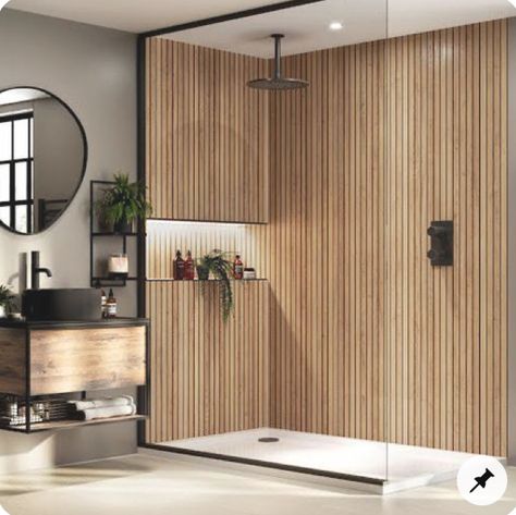 Wood Panel Bathroom, Waterproof Wall Panels, Bathroom Paneling, Bathroom Wall Panels, Wood Slat Wall, Oak Wall, Bathroom Inspiration Decor, Wood Bathroom, Wood Panel Walls