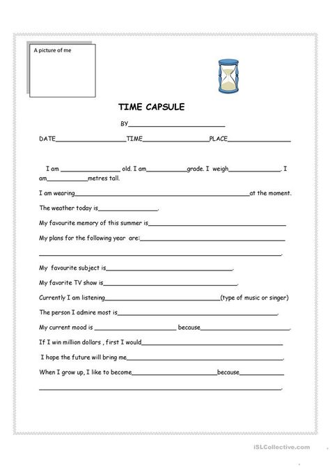 Time Capsule Worksheet, Time Capsule Aesthetic, Time Capsule Kids, Verb Tenses, Kids Class, Teaching Jobs, Current Mood, Beginning Of The School Year, Esl Worksheets